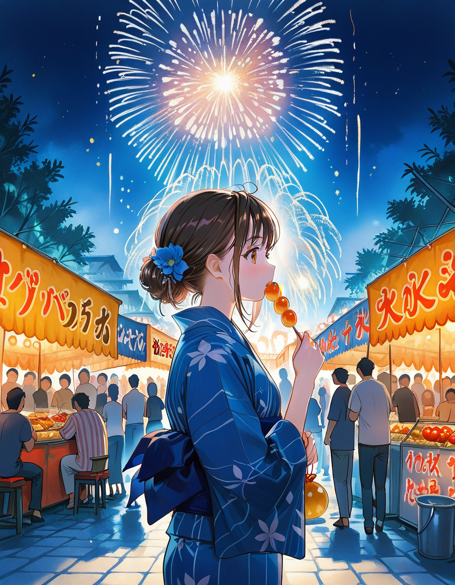 score_7_up, anime BREAK official art, solo, 1girl, one girl, 
<lora:hanabitaikai:0.9>, hanabitaikai, 
fireworks, festival, multiple girls, aerial fireworks, japanese clothes, crowd, multiple boys, kimono, 6+girls, night, 6+boys, summer festival, outdoors, yukata, food, blue kimono, food stand, aerial fireworks, food stall
(masterpiece:1.3), best quality, high resolution, unity 8k wallpaper, extremely detailed CG, 8K, (watercolor \(medium\), muted color, sketch:1.1), perfect anatomy, highly finished, masterpiece, best quality, high quality, amazing quality, great quality, very aesthetic, ultra detailed, highres, absurdres, highly detailed, highly detailed background,