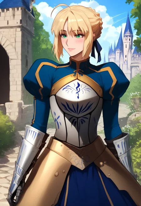 (score_9, score_8_up, score_7_up, high quality, best quality, ultra-detailed, very aesthetic, illustration, perfect composition, intricate details, absurdres, high res image, masterpiece, vibrant colors, beautiful face, detailed face, 1girl, solo focus, perfect eyes, detailed eyes), SaberArmor, female, green eyes, blonde hair, short hair, french braid, ahoge, light blush, pale skin, full lips, large thighs, perfect body, fit body, voluptuous, medium breasts, curvy body, narrow-waisted, wide hips, (breastplate, blue dress, gauntlets, juliet sleeves, faulds), (teasing expression, small smile, suggestive pose), (outdoors, castle, fantasy, medieval architecture)