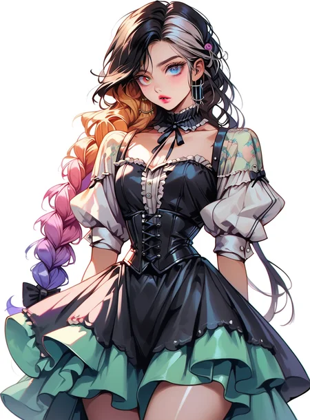 score_9, score_8_up, score_7_up, score_6_up, score_5_up, rating_questionable, source_cartoon, 1girl, pretty face, pretty eyes, detailed eyes, HD eyes, eyebrows, lips, parted lips, colored lips, supple lips, standing, cowboy shot, wide hips, athletic, pale skin, (multicolored_hair:1.2), two-tone_hair, long hair, very long hair, braid, shiny hair, multicolored_eyes, two-tone_eyes, victorian dress, frilled dress, puffy sleeves, colored dress, black corset, simple background, white background, BREAK <lora:Cute Girl Test_epoch_8:1> CuteGirlTest, long_eyelashes, narrowed_eyes, character_concept, naughty_face, cowboy_shot, cloroful_theme, (perspective:1.2, dutch_angle:1.25), skindentation:1.1, (foreshortening:1.2), (embedding:zPDXL2), <lora:Add_more_details_pony:0.55>