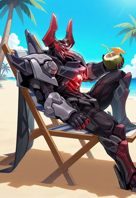 bara,solo,pose,showing,from side,
mecha,mecha cape,glowing,holding coconut,
Wooden Deck Beach Folding Chair Lounger Sunbed Garden Seaside Beach Chairs Seat,lying,on back,knee up,beach,blue sky,sunglasses,coconut tree,
project-mordekaiser,
very awa,masterpiece,best quality,absurdres,newest,perfect quality,detailed background,intricate details,scenery,