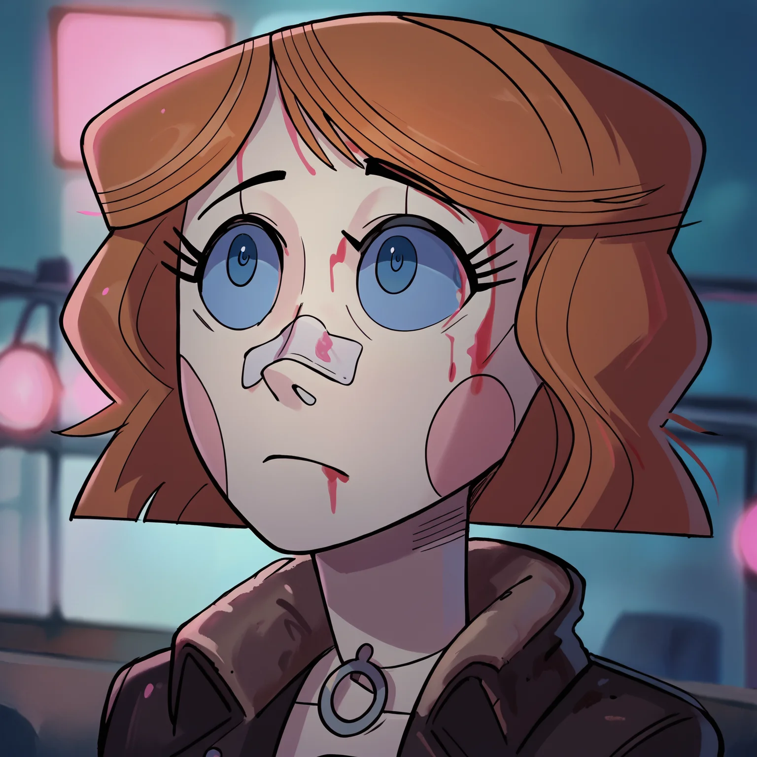 score_9_up,score_8_up,score_7_up,score_6_up,1girl,<lora:Blade_Runner_Meme:1>,Blad3Runner,closed mouth,portrait,blood on face,bandaid on nose,bandaid on face,blurry background,(pink lighting:1.2),night,dark,<lora:Emmy_Emmy_the_Robot_commission:0.8>,emmytr,robot,brown hair,blue eyes, leather jacket