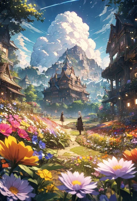 gorgeous lips, (masterpiece), (best quality), (ultra-detailed), very aesthetic, illustration, perfect composition, intricate details, absurdres, detailed face, (anime, masterpiece, intricate:1.3), (best quality, hires textures, high detail:1.2), (4k),(incredibly detailed:1.4) 
(((Best quality))), (((Ultra detailed))), ((((vivid)))), landscape, (((fireflies, particles))), (((flower garden, colorful flowers, beautiful flowers))), ((blue sky, cumulonimbus)), <lora:more_details:0.5>, 1girl