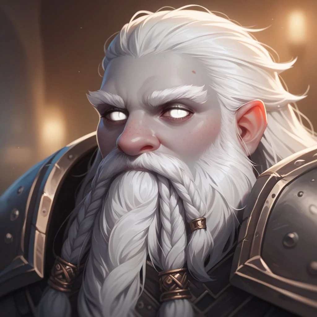(((beautiful, high quality))), upper Body, score_9, score_8_up, score_7_up,
Dwarf, short stature, big nose, Duergar, grey skin, white hair, white eyes, 1boy, male focus, matted beard, black armor,
looking at the viewer, posing, blurred background,