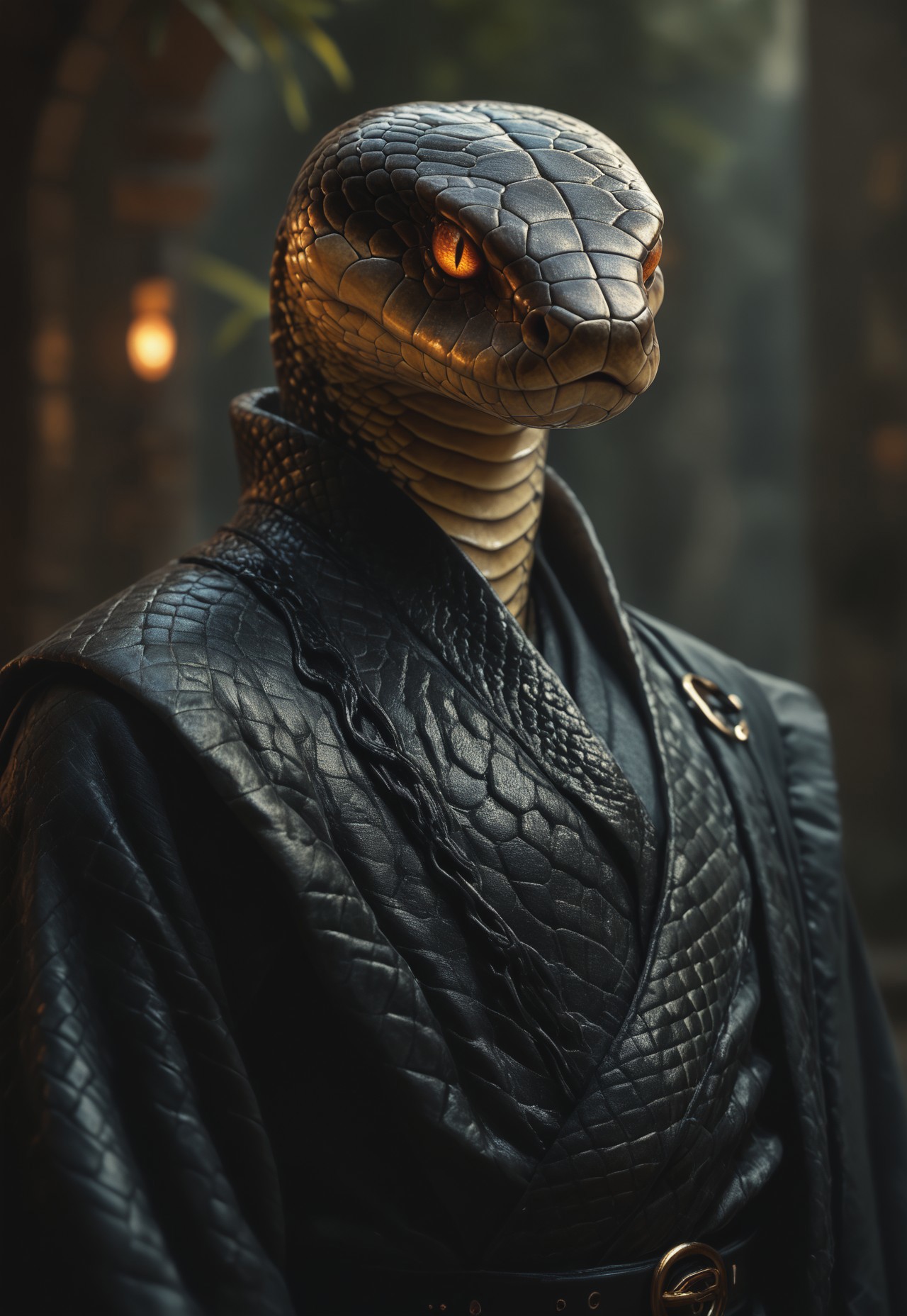 PonyXLV6_Scores, SN3K, snake, lizard, snake, 1boy, male focus, snakeskin, black leather robes, glowing, orange eyes, glowing eyes, scales, animal, slit pupils, oversized animal, animal focus, year of the snake