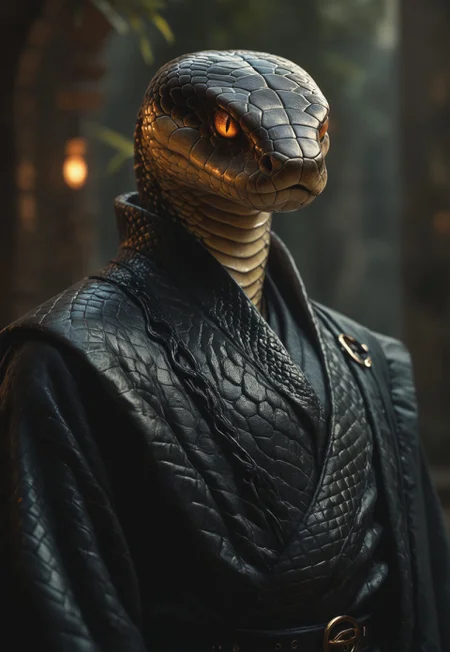 PonyXLV6_Scores, SN3K, snake, lizard, snake, 1boy, male focus, snakeskin, black leather robes, glowing, orange eyes, glowing eyes, scales, animal, slit pupils, oversized animal, animal focus, year of the snake