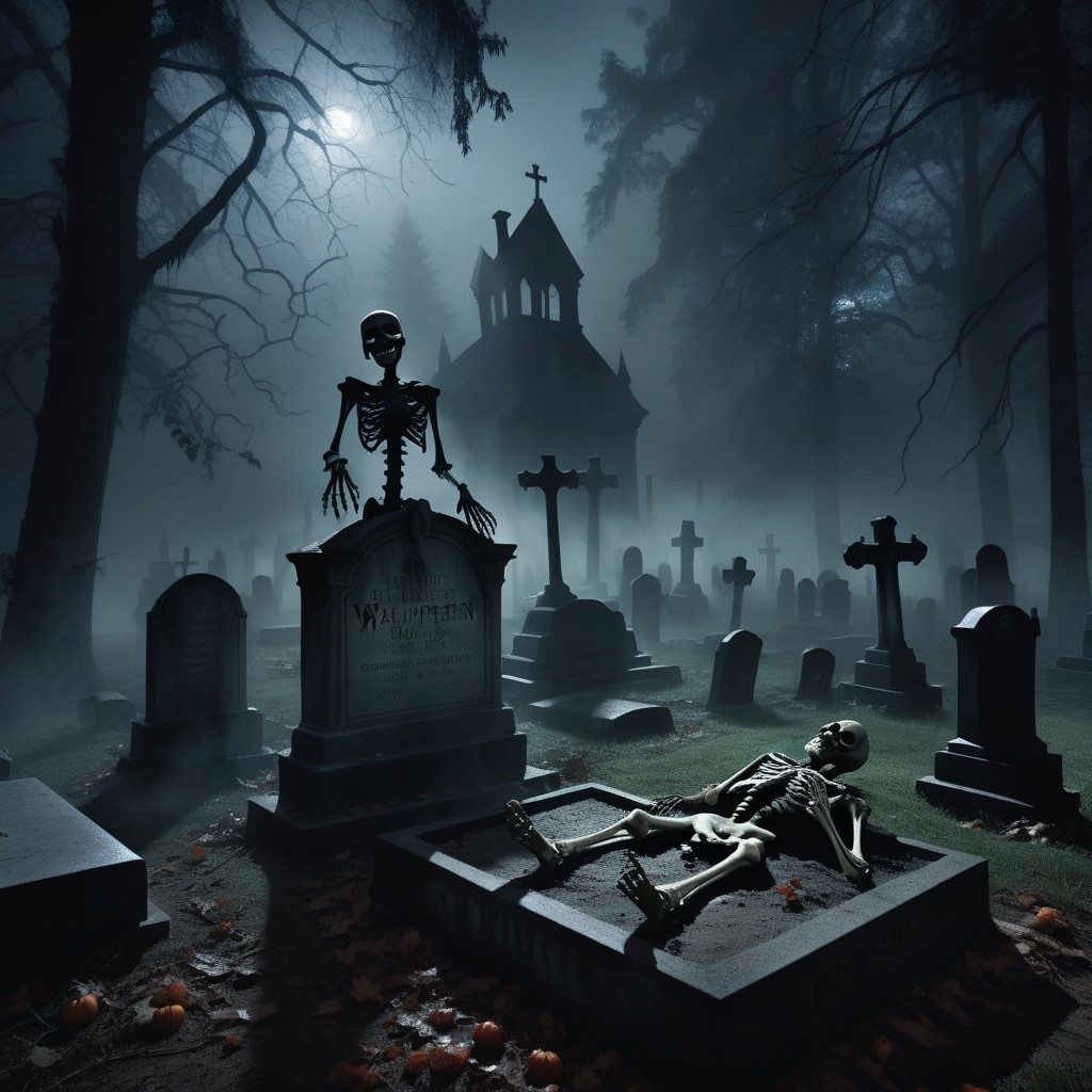 A spooky Halloween scene set in a dark forest, featuring a foggy cemetery at night. Surrounding an open grave, eerie vampire figures dance in an unsettling manner. In the grave itself, a grinning skeleton sits, creating a chilling and macabre atmosphere filled with shadows and mist    The atmosphere is dark and sinister, with shadows looming, creating a spine-chilling ambiance