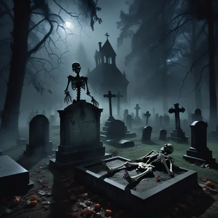 A spooky Halloween scene set in a dark forest, featuring a foggy cemetery at night. Surrounding an open grave, eerie vampire figures dance in an unsettling manner. In the grave itself, a grinning skeleton sits, creating a chilling and macabre atmosphere filled with shadows and mist    The atmosphere is dark and sinister, with shadows looming, creating a spine-chilling ambiance