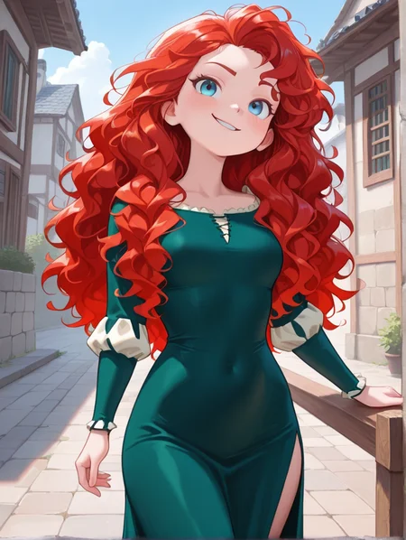 masterpiece, best quality, amazing quality, very aesthetic, absurdres, newest, detailed background, outdoors, dynamic angle, cowboy shot, 4k,8k
meridaxd, 1girl, solo, long hair, red hair, blue eyes, smile, smirk, green dress, curly hair,
<lora:Merida_-_Disney_Illustrious:1>