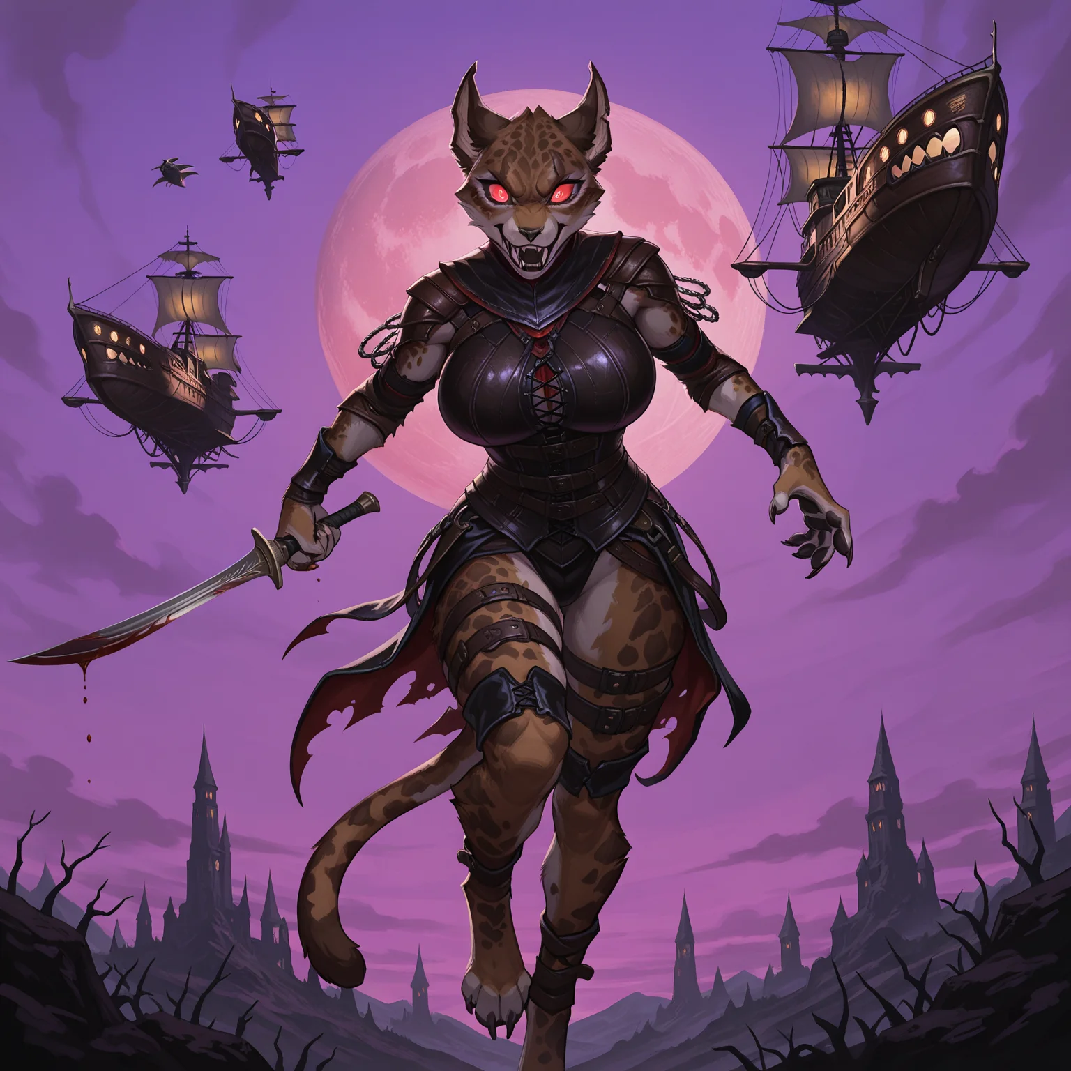 masterpiece, best quality, amazing quality, MirriMTG, 1girl, solo, furry, animal focus, body fur, huge breasts, leather armor, airship, tail, animal ears, claws, holding sword, outdoors, purple sky, muscular, vampire, fangs, flying, glowing eyes, blood, looking at viewer <lora:Mirri_Cat_Warrior_Magic_the_Gathering:.9>