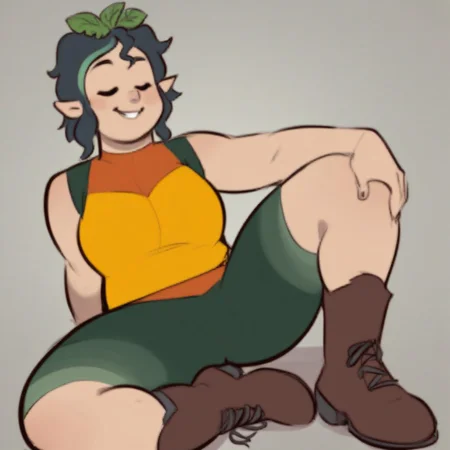 score_9, score_8_up, score_7_up, score_6_up, score_5_up, score_4_up, masterpiece, high quality, detailed, best quality, solo, 1girl, Pandora, plus-sized, muscular, pale skin, pointy ears, green hair, plant on head, Yellow tank top, green shorts, brown boots,