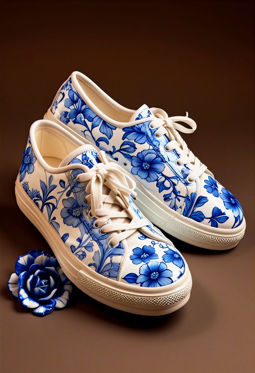 end_delft_morph, still life, no humans, brown background, simple background, shoes, floral print, delft porcelain, made of porcelain, blue and white porcelain, delaware porcelain, best quality,  masterpiece