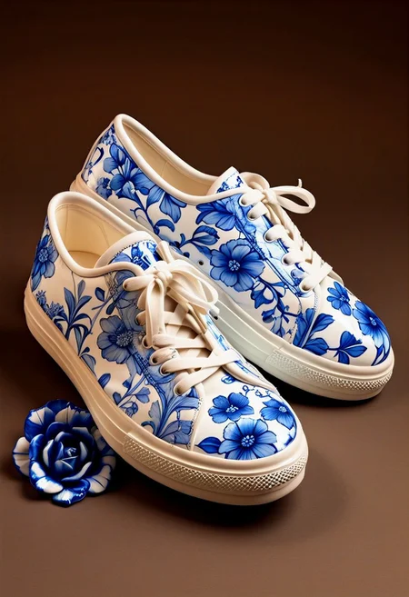 end_delft_morph, still life, no humans, brown background, simple background, shoes, floral print, delft porcelain, made of porcelain, blue and white porcelain, delaware porcelain, best quality, masterpiece