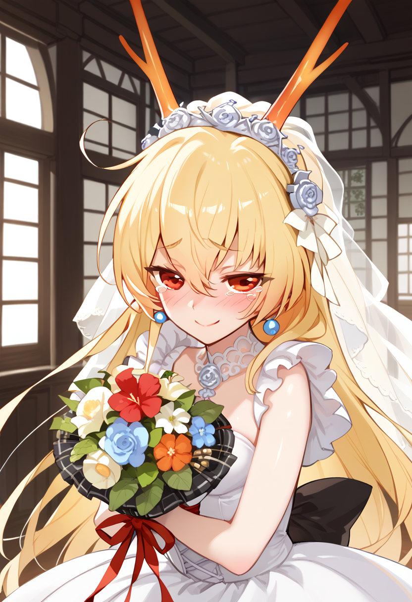 score_9, score_8_up, score_7_up, score_6_up, score_5_up, score_4_up, rating_safe, 1girl, solo, takanobu_muramasa, white wedding dress, blush, tears, smile, bouquet, shiny skin, indoors,, best quality, amazing quality, very aesthetic, absurdres,  <lora:takanobu_muramasa_v2:1>