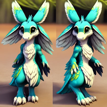 <lora:zavali_xl_2:1>avali female ,(avali:1.5) ,((ultra-detailed)), (four ears:1.9), (raptor body:1.3) , (fluffy chest:0.7),(winged arms:1.3) , ((3 fingers)), feather cover ,front view, (solo:1.9) raptor head