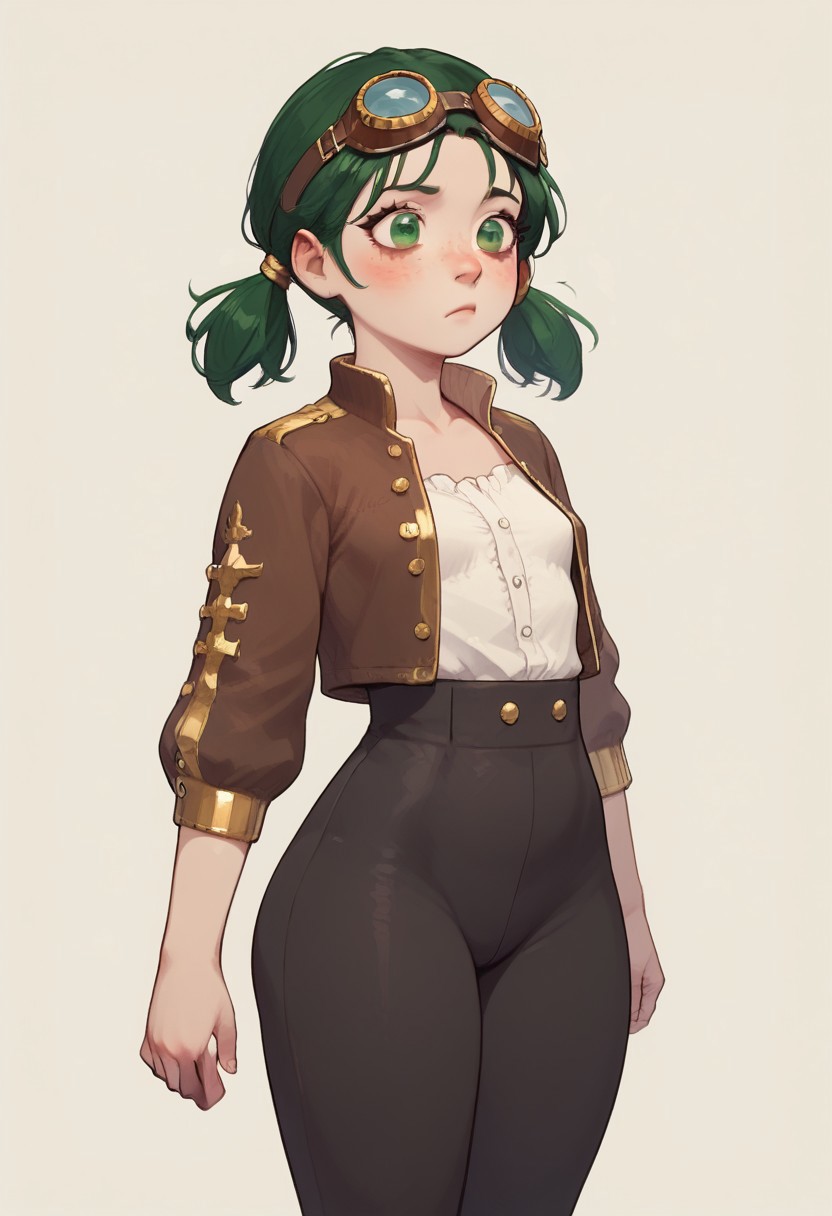 score_9, score_8_up, score_7_up, extremely detailed, 1girl, short, gnome, petite, curvy body, cute face, small breasts, wide hips, thick thighs, green eyes, freckles, pale skin, short black hair, pigtails, wearing elaborate steampunk outfit, steampunk goggles, dark brown bolero jacket with gold trim, low rise black pants