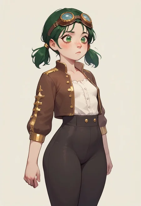 score_9, score_8_up, score_7_up, extremely detailed, 1girl, short, gnome, petite, curvy body, cute face, small breasts, wide hips, thick thighs, green eyes, freckles, pale skin, short black hair, pigtails, wearing elaborate steampunk outfit, steampunk goggles, dark brown bolero jacket with gold trim, low rise black pants