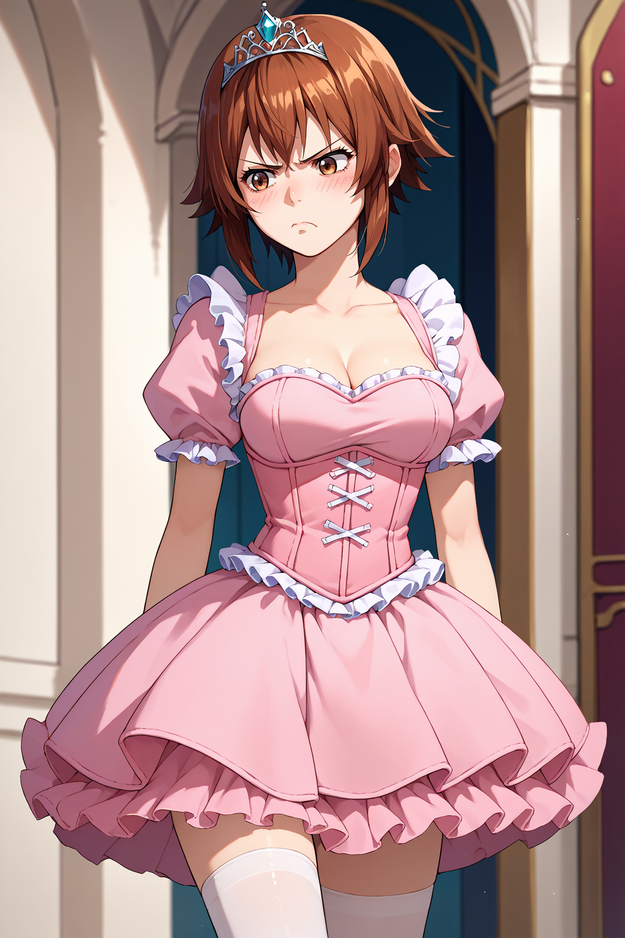 score_9, score_8_up, score_7_up, score_6_up, source_anime, 1girl, solo  <lora:kotegawachisa-pdxl-nvwls-v1-000005:1> gbchisa, brown hair, short hair, brown eyes, (large breasts:0.8), tiara, pink tutu, frown, pout, cleavage, white thighhighs, arms at sides, mansion, frills, corset, blush