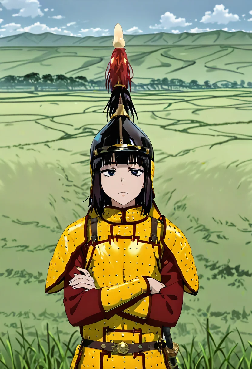 masterpiece, best quality, absurdres, detailed skin, detailed eyes, anime colored, anime screencap,
<lora:Suzushiro_Hatsuka_IL-000008:0.8>, 1 boy, femboy, Suzushiro Hatsuka, black eyes, black bangs, looking at viewer, upper body, crossed arms,
<lora:Qing_Dynasty_Armor:0.95>, ((qingarmor)), ((qinghelmet)), wearing helmet, plume, sword, sheath, long sleeves,
grassland,
