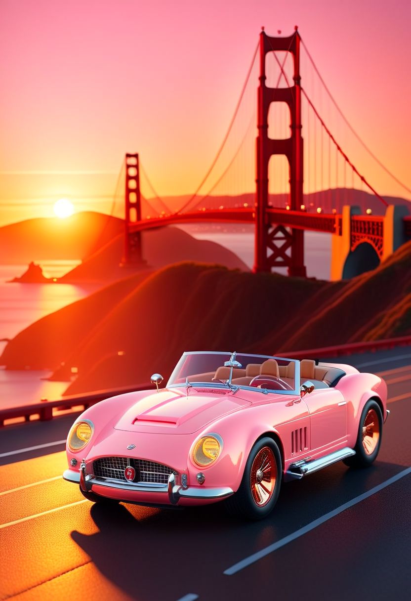 ispzxll, diorama, isometric, miniature, volumetric lighting style, intricate details, wide angle, ultra-detailed, pastel-pink luxury convertible sports car, light tan interior, golden gate bridge, reflective surfaces, bright headlights, glossy, setting sun, golden hour, long shadows, 8k