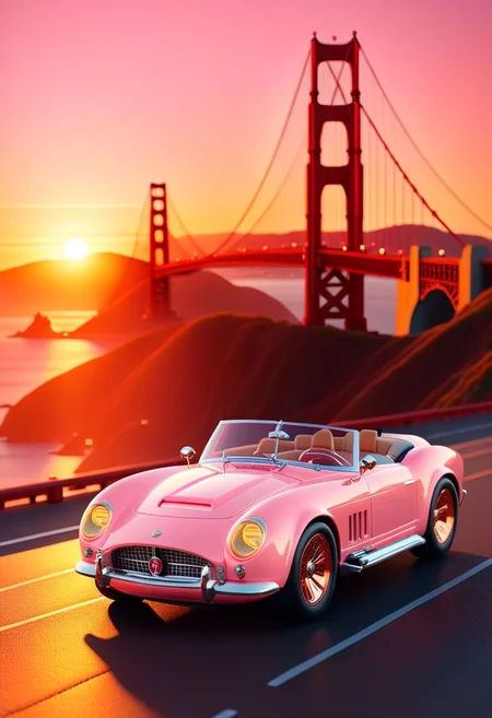 ispzxll, diorama, isometric, miniature, volumetric lighting style, intricate details, wide angle, ultra-detailed, pastel-pink luxury convertible sports car, light tan interior, golden gate bridge, reflective surfaces, bright headlights, glossy, setting sun, golden hour, long shadows, 8k