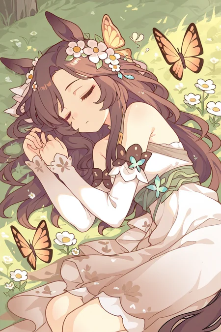 masterpiece, best quality, amazing quality,
<lora:Lango_IL:1> lango, 1girl, butterfly, bug, animal ears, closed eyes, solo, brown hair, long hair, flower, lying, detached sleeves, dress, closed mouth, hair ornament, sleeping, horse ears, hair flower