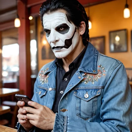 photograph male mature, black hair, facepaint holding a smartphone, perfect male hands, denim jeans jacket, cozy café interior, 50mm . cinematic 4k epic detailed 4k epic detailed photograph shot on kodak detailed cinematic hbo dark moody, 35mm photo, grainy, vignette, vintage, Kodachrome, Lomography, stained, highly detailed, found footage, male mature, black hair, facepaint holding a smartphone, perfect male hands, denim jeans jacket, cozy café interior, sharp focus, highly detailed, fine detail, intricate, innocent, elegant, dynamic, vibrant colors, radiant light, heroic, attractive, beautiful, dramatic ambient background, professional, stunning, extremely artistic, cinematic, striking, rich deep color, illuminated