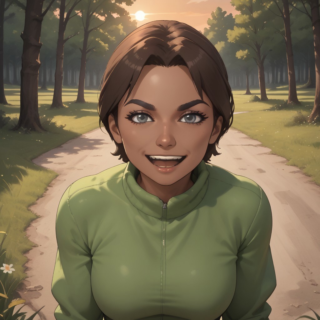 score_9, score_8, BREAK, solo, wii, mii, wii sports, brown hair, black eyebrows, gray eyes, open mouth, light green clothing, white pants, shoes, nintendo mii, modern_mii, classic_mii, breasts, Hayley_(Wii_Sports), dark skin, sexy pose, smile, outdoors, sunlight, shadows, evening lighting, natural lighting, forest, trees, grass, orange sky, sunset