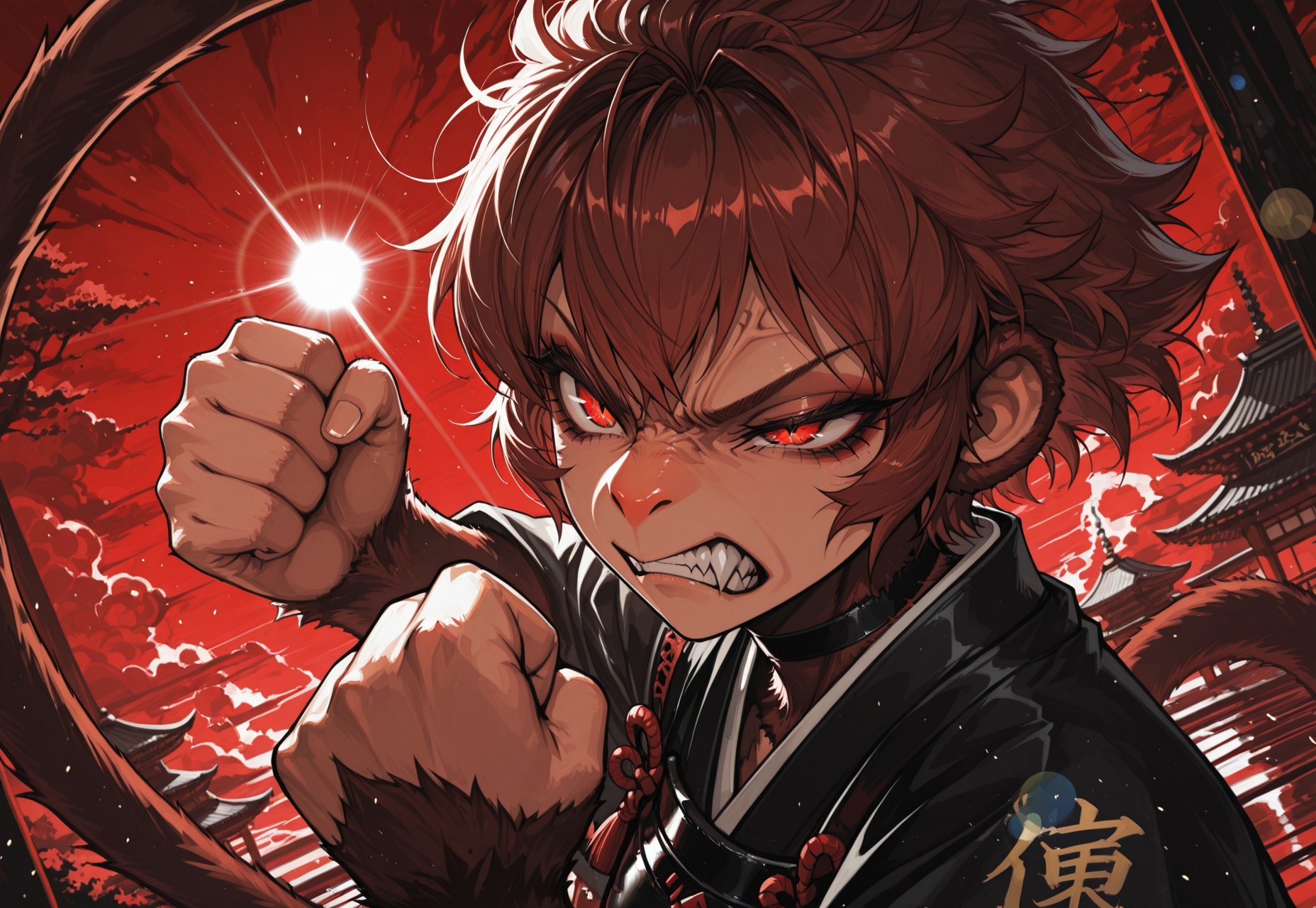 highly detailed, fine skin detail, absurdres, highly-detailed, best quality, detailed eyes, beautiful eyes, masterpiece, very aesthetic, dutch angle, extreme theme, time, descension, splitting sky, red sky, solo, 1girl, J4ckie, samurai armor, face focus, face close up, narrowed eyes, growl, angry, wrinkled nose, monkey nose, fists, fighting, (lens flare:1.5), distortion, outdoors, magic, japanese architecture, kanji, 