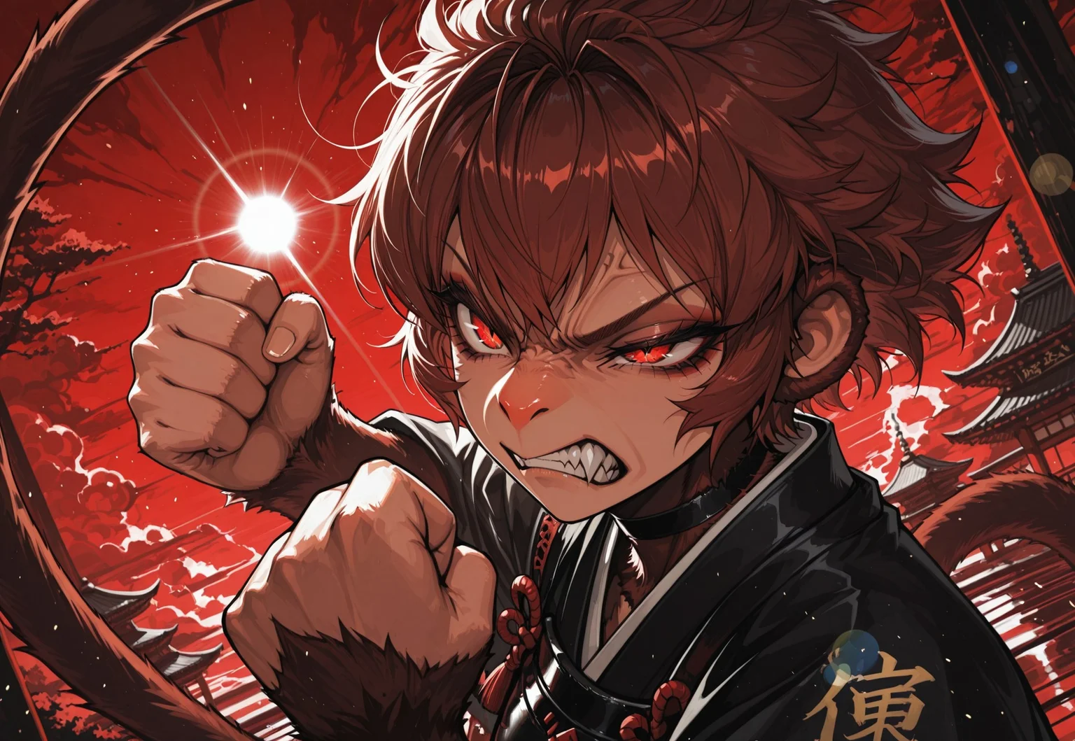 highly detailed, fine skin detail, absurdres, highly-detailed, best quality, detailed eyes, beautiful eyes, masterpiece, very aesthetic, dutch angle, extreme theme, time, descension, splitting sky, red sky, solo, 1girl, J4ckie, samurai armor, face focus, face close up, narrowed eyes, growl, angry, wrinkled nose, monkey nose, fists, fighting, (lens flare:1.5), distortion, outdoors, magic, japanese architecture, kanji,