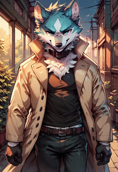 score_9, score_8_up, score_7_up, solo, shirou ogami, bna, 1boy, furry, trench coat, shirt, pants, gloves, collar, cute:1.3, chibi, smug, sly smile, detailed background, looking at viewer, <lora:Shirou_Ogami:1>