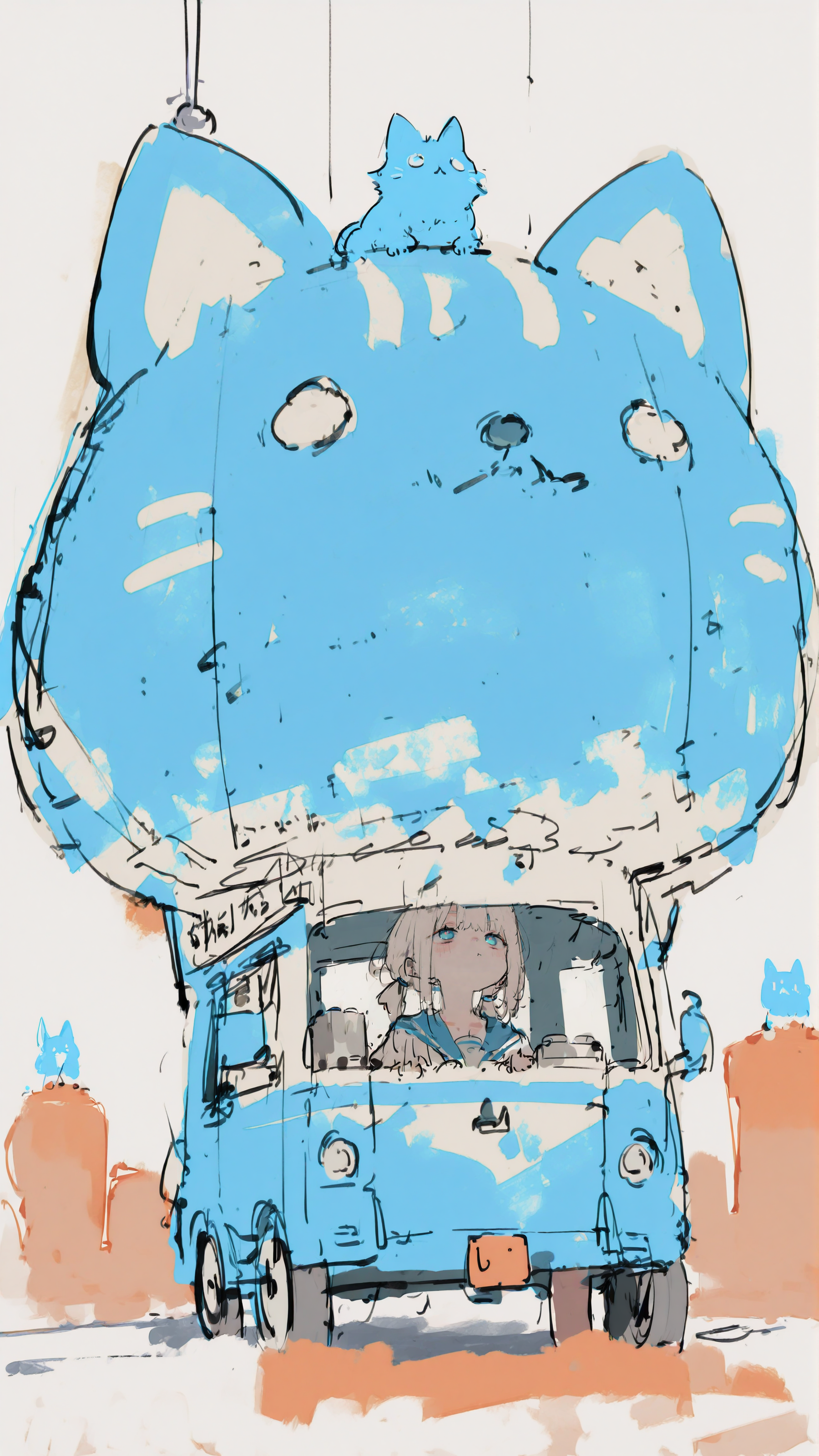 masterpiece, newest,absurdres,incredibly absurdres, best quality, amazing quality, very aesthetic, blue theme, orange fog,
1girl,cat hot air balloon, 
 <lora:S4bit4mago:1> S4bit4mago_illu,  <lora:pikus0n_illu:1> pikus0n_style, sketch