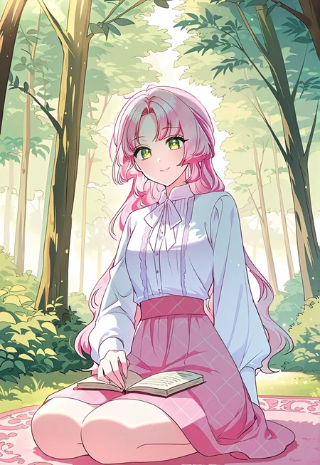 masterpiece, best quality, amazing quality, very aesthetic, absurdres, newest, scenery, 1girl, solo, <lora:Kiana_Frellai:1>, frellai, pink hair, emerald eyes, long hair, seiza, white blouse, pink skirt, book on laps, sitting on carpet, forest, looking at viewer, smile