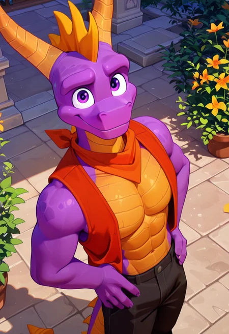 masterpiece, best quality, amazing quality, very aesthetic, absurdres, newest,  high quality, detailed, Spyro, 1boy, solo male, dragon, anthro, mature male, purple eyes, horns, slender build, purple skin, yellow underbelly, standing, pecs, abs, red neckerchief, red orange vest, black pants, half body, looking at viewer, smiling, outdoors, volumetric lighting, sunny, hands on hips, high angle, looking up, overhead, from above, garden, courtyard, Flatline, Flat vector illustration