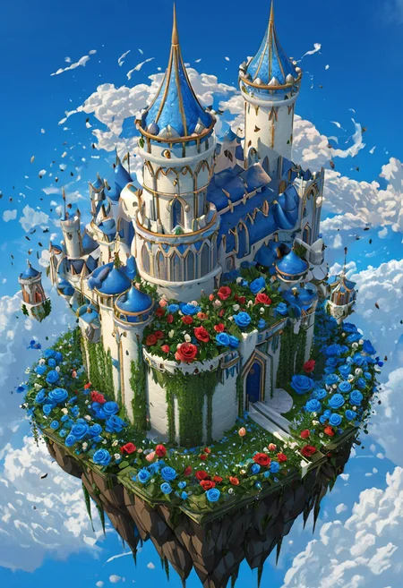 castle,
A traveler looking at a gigantic castle made of dozens of towers, medical, white, grass,matchcraft floating island , floating island, towers , sky , fly , cloud, flowers, Rose , blue rose