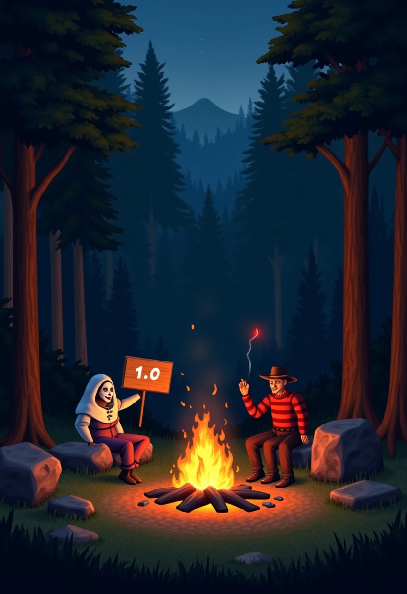 simsstyle, Ghostface, Freddy Kreuger and Pinhead sitting around a campfire in the forest at night. low poly. One of them is holding up a sign that says "1.0"