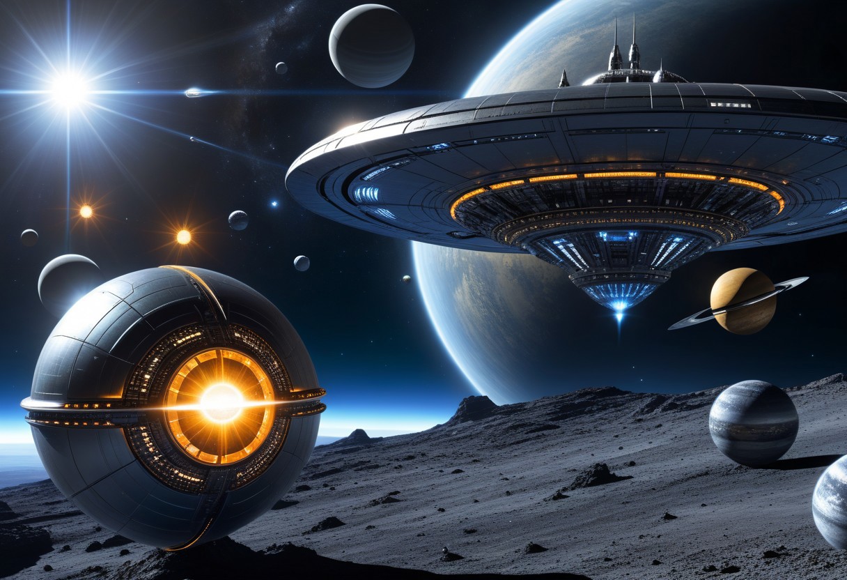 ultra realistic, sunlight from side
Perry Rhodan, spherical bullet Spaceship with ring bead with 20 jet propulsion, metallic surface with many installations, satellite dishes, hangars, high reflections,
background (andromeda, planet with moons, satellits and friendly spaceships), 
six suns as hexagon with wormhole inside,
