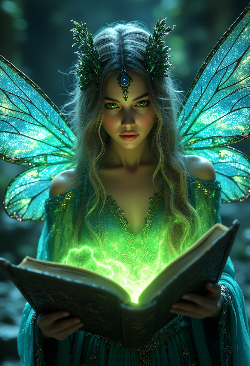 A beautiful fairy with glowing colorful wings reads an ancient book of magic and spells. She has detailed facial features and there is a glowing green light in the background with cinematic lighting, fairycore, hkmagic, masterpiece, best quality, highly detailed, sharp focus, dynamic lighting
