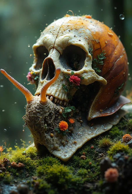 A close up of a snail with a human skull shell, mossy, flowers, colorful, sparkling
