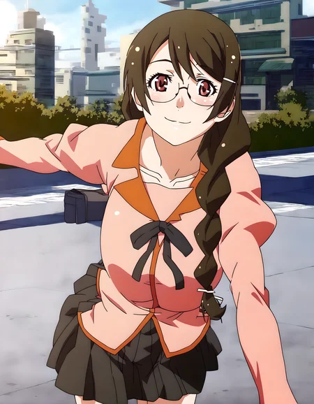 <lora:pony_xl_hanekawa>,hanekawa,score_9,source_anime,best quality,masterpiece,super fine illustration,1girl,solo,looking_at_viewer,cowboy_shot,ribbon,naoetsu_high_school_uniform,school uniform,long sleeves,puffy long sleeves,pink shirt,black skirt,juliet skirt,pleated skirt,kneehighs,black socks,collarbone,smile,(ã»Ïã»),leaning_forward,city,cityscape,street,signal,crosswalk,