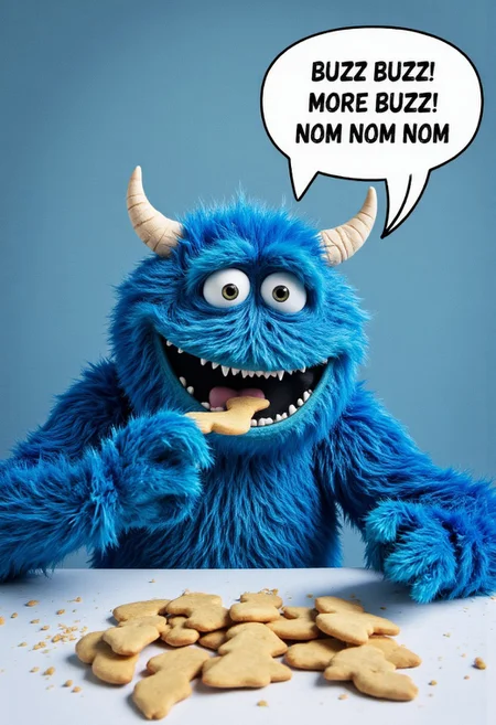 [UHD 8K Photograph ] ((Blue Cookie-Monster) is behind a table ravenously eating (foam lightning bolt shapes), crumbs are flying every where)),
<<BREAK>>,
((A speechbubble is seen above (Cookie-Monster) and the words "BUZZ BUZZ! MORE BUZZ! NOM NOM NOM" are seen printed legibly inside the speech bubble, the full text "BUZZ BUZZ! MORE BUZZ! NOM NOM NOM" is seen in the speechbubble and only the legible script "BUZZ BUZZ! MORE BUZZ! NOM NOM NOM" is seen in the speechbubble, above (Cookie-Monster) (while he eats (foam lightning bolts))
 ( , [ultrarealistic, highest quality, ultrarealistic,  perfect composition, dramatic action, sharp focus, intricate details, highly detailed, rule of thirds , highly detailed ,  motion blur, highly detailed ( aidmaimageupgrader )]