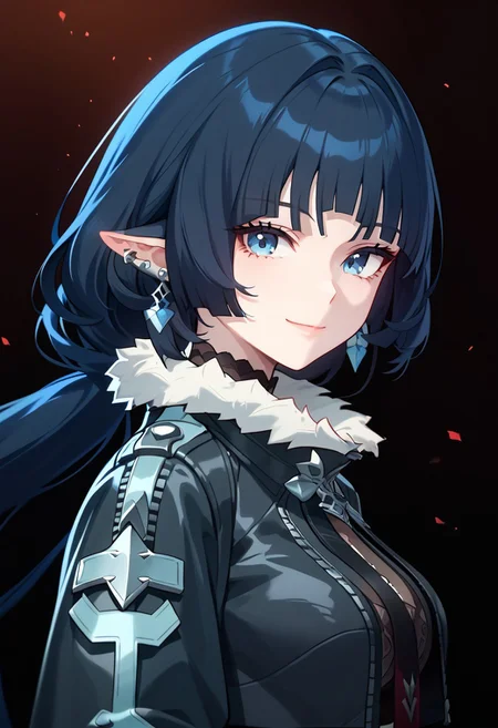 score_9,score_8_up,score_7_up,source_anime,JANE_DOE,1girl,solo,long hair,looking at viewer,smile,blue eyes,black hair,animal ears,closed mouth,jewelry,blue hair,jacket,upper body,earrings,pointy ears,virtual youtuber,blunt bangs,from side,fur trim,piercing,portrait,ear piercing,