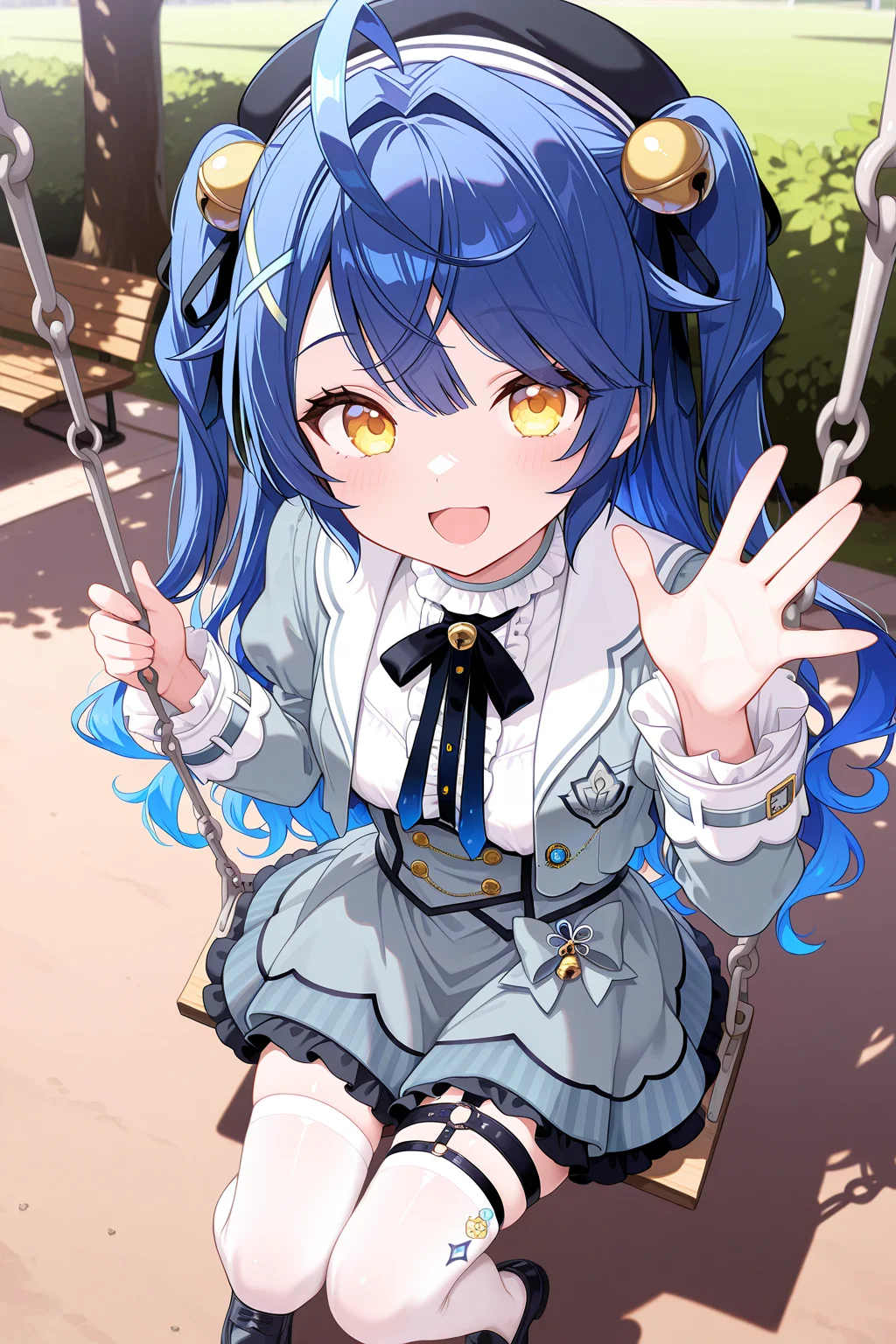 1girl, AmamiyaKokoroNijisanji,
general, solo, perspective, from above,
long hair, blue hair, two side up, wavy hair,
eyelashes, yellow eyes, 
black headwear, x hair ornament, hair bell,
grey jacket,
puffy sleeves, frilled sleeves,
cropped jacket,
breasts, open jacket, 
neck bell, white shirt, 
grey dress, 
thigh strap, white thighhighs, loafers, 
sitting, swinging, looking at viewer, \:D, waving, 
park, swing,
<lora:kp_AmamiyaKokoroNijisanji1stCostumeIllustrious_v1_0:1.0>,
masterpiece, best quality, amazing quality