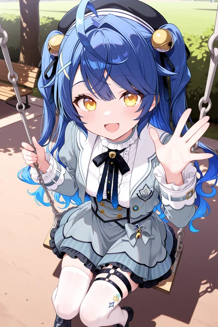 1girl, AmamiyaKokoroNijisanji,
general, solo, perspective, from above,
long hair, blue hair, two side up, wavy hair,
eyelashes, yellow eyes,
black headwear, x hair ornament, hair bell,
grey jacket,
puffy sleeves, frilled sleeves,
cropped jacket,
breasts, open jacket,
neck bell, white shirt,
grey dress,
thigh strap, white thighhighs, loafers,
sitting, swinging, looking at viewer, \:D, waving,
park, swing,
<lora:kp_AmamiyaKokoroNijisanji1stCostumeIllustrious_v1_0:1.0>,
masterpiece, best quality, amazing quality