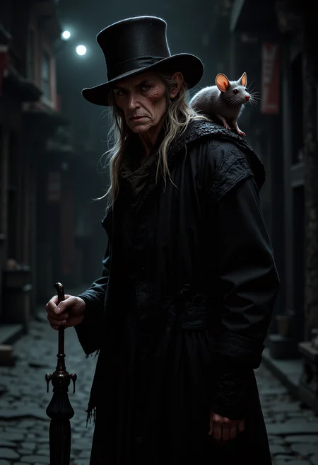 An elderly woman wearing a long, tattered black coat and an old-fashioned top hat. She holds a black, slightly broken umbrella in one hand, while a small gray rat sits perched on her right shoulder, its tail curling down her back. The woman's face is wrinkled and mischievous, with narrow eyes and a sharp nose. Her posture is slightly hunched, and her hands are thin and bony. The setting is a dark, narrow alleyway at night, with dim streetlights casting long shadows. The atmosphere is eerie and mysterious, with a hint of mischievousness in the air. <lora:FluxMythP0rtr4itStyle:0.8> MythP0rt, <lora:aidmaImageUpgrader-FLUX-V0.1:0.33> detailmaximizer,
