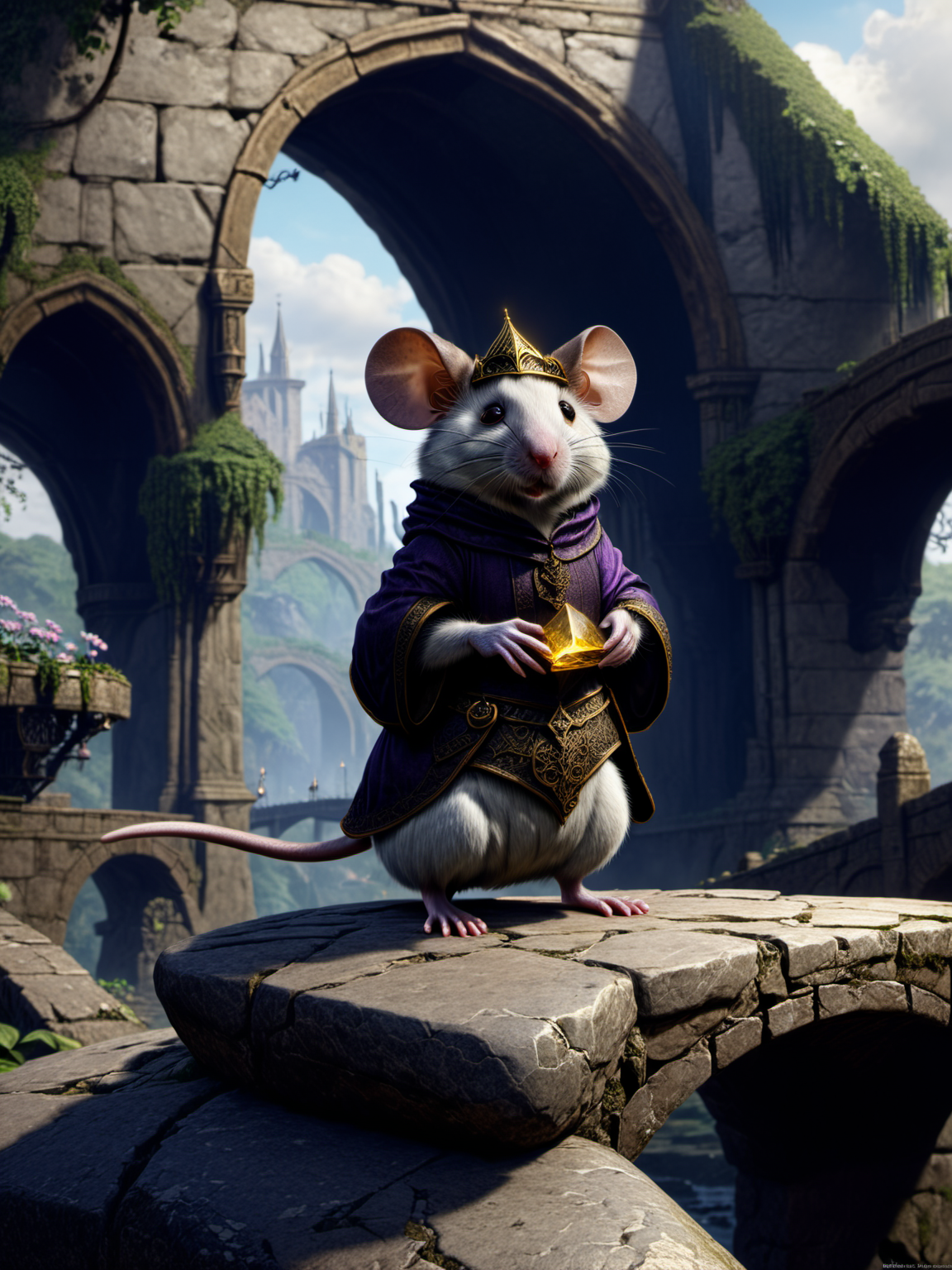 a mouse sitting on top of a stone bridge, by senior environment artist, a mouse in a gothic atelier, magic spell,  nvidia promotional image, anthropomorphic mouse, with unreal engine, arbor, descent <lora:xl_real_beta1:1>