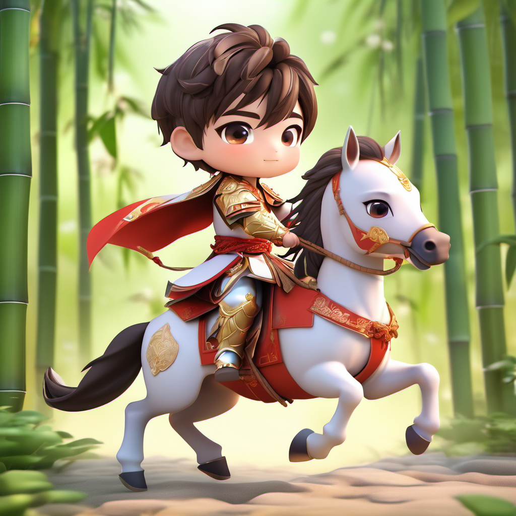 1 boy, solo, chibi, wearing chinese armor, cool, riding horse, bamboo forest   <lora:mengwa:0.9>