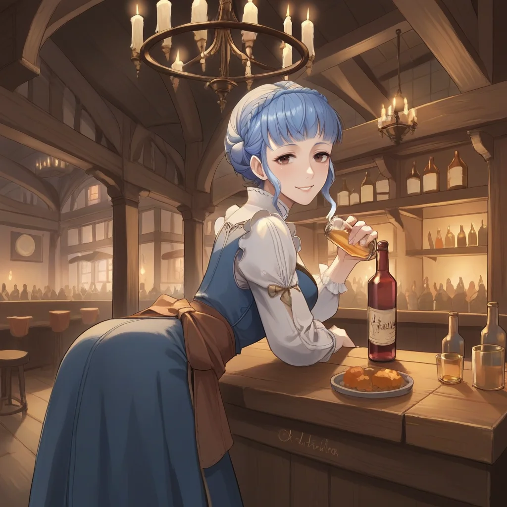 score_9, score_8_up, score_7_up, score_6_up, score_5_up, score_4_up, zPDXL2,source_anime,rating_questionable, 1girl, solo, night, night time,looking at viewer, bartender, behind bar, alcohol bottles, leaning forward, smile, half-lidded eyes, medieval dress, Marianne Fire Emblem , smile, <lora:Tavern:0.7> t4v3rn, indoors, tables, window, chandelier, candles, food, crowd