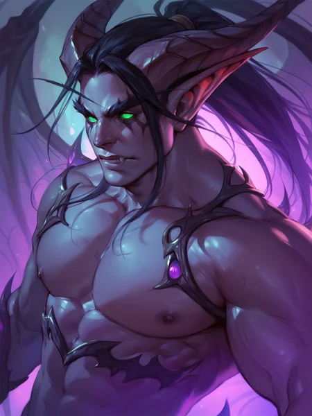 adult male, demon, world of warcraft, illidan, huge horns, black ponytail, demon wings, green eyes, purple skin, pointy ears, solo, dynamic angle, <lora:aleriia_v-000008:0.8>, score_9, score_8_up, score_7_up, score_6_up