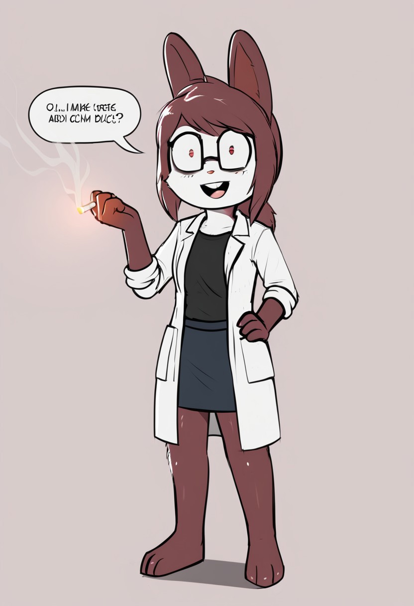 e254e, 1girl, furry female, solo, furry, skirt, buck teeth, animal ears, english text, cigarette, holding cigarette, speech bubble, glasses, simple background, holding, labcoat, open mouth, red eyes, shirt, standing, body fur, rabbit ears, smile, full body, wide-eyed, smoke, looking at viewer