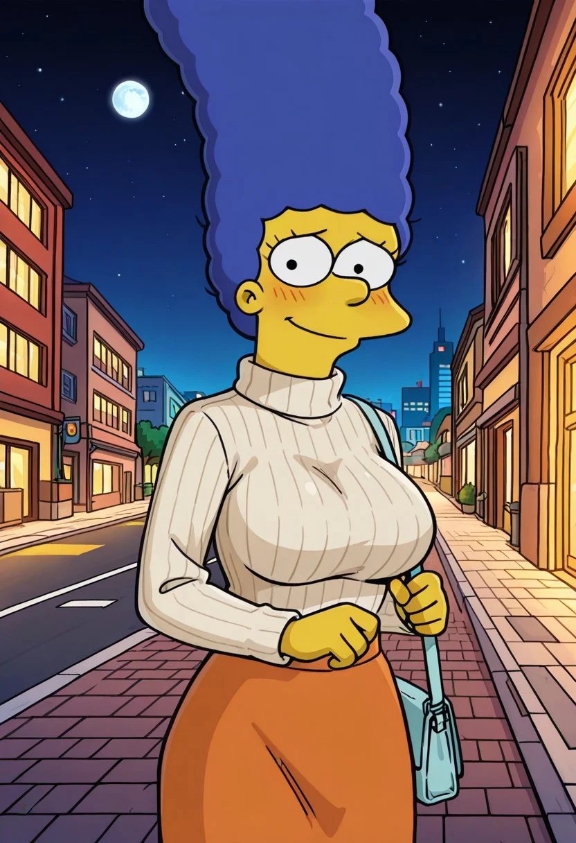 score_9,score_8_up,score_7_up,score_6_up,best quality,masterpiece, 1girl, solo, background is city centre, street, night, moon, upper body,
BREAK
margesimpson, yellow skin, blue hair, black eyes, big beehive hair, tan turtleneck sweater, large breasts, blush, shy, smile, orange skirt, long skirt, holding handbag, looking at viewer,